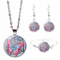Jewelry set featuring colorful butterfly patterns on silver necklace earrings and bracelet - Pink Blue Yellow Butterfly Style (JY008578-2)