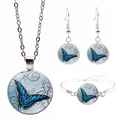 Blue butterfly jewelry set with round necklace pendant, earrings, and open bracelet - Blue Butterfly Style (JY008578-3)