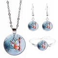 Silver-finish jewelry set with colorful butterfly glass cabochon pendant and earrings - Light Blue Base Colored Butterfly Style (JY008578-4)