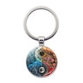 Portachiavi artistico Yin Yang con motivi galassia e floreali sotto vetro a cupola - Stile Nebulosa a Onde d'Acqua (JY008561-银1) / Argento