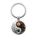 Yin Yang keychain featuring white daisy and yellow sunflower art in a silver metal frame - Sunflower Daisy Style (JY008561-Silver 7)