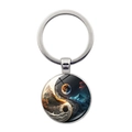 Silver yin yang keychain with glass dome featuring artistic moon and mountain landscape - High Mountain and Flowing Water Style (Silver-8 JY008561)