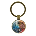 Antique bronze keychain with glass dome yin yang artistic charm and nature motifs - Water Wave Nebula Style (JY008561-Copper 1)