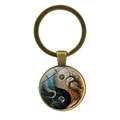 Vintage bronze keychain with circular yin yang tree of life art glass pendant - Bright Moon Tai Chi Style (JY008561-Copper 4)