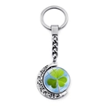 Rotating crescent moon keychain with green four-leaf clover crystal glass pendant - Lucky Clover Style 11(JY008584-11)