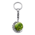 Rotating silver crescent moon keychain with lucky four-leaf clover glass pendant - Lucky Clover Style 12(JY008584-12)