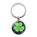 Metal keychain featuring a green shamrock glass dome pendant on black striped background - Shamrock Black Stripe Style (Silver 8)
