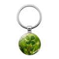 Round metal keychain featuring a four-leaf clover motif with clear glass cabochon - Clover with Dewdrops Style (Silver 12)