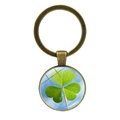 Bronze keychain with shamrock glass dome clover charm against a blue sky background - Shamrock Blue Sky and Clouds Style (Bronze 11)