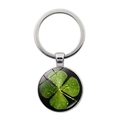 Lucky four leaf clover keychain with silver metal ring and green glass pendant charm - Dewdrop Clover Black Background Style (Silver 6)