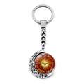 Silver crescent moon keychain with rotating stained glass dove pendant charm - Blue Green Lattice White Dove Style (JY008600-3)
