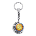 Rotating keychain with silver crescent moon frame and colorful mosaic peace dove charm - Red Orange Radial White Dove Style (JY008600-4)