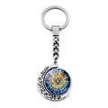 Rotating crescent moon keychain with stained glass style flying bird charm in silver - Blue Gold Painted Wing Style (JY008600-6)