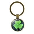 Vintage bronze four-leaf clover keychain with green lucky shamrock glass cabochon - Irish Style Shamrock (Bronze 8)