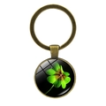 Bronze keychain with green four-leaf clover pendant under a glass dome cover - Four-leaf Clover Dome Style (Bronze 9)