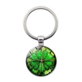Silver metal keychain featuring a lucky green four-leaf clover glass cabochon pendant - Vintage Art Clover Style (Silver 7)