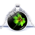 Silver alloy four-leaf clover pendant necklace with round glass cabochon crystal - Silver Base Forest Four Leaf Clover Black Background (Silver 9)