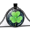 Green clover glass cabochon pendant necklace with a black metal frame and chain link - Black Base Shamrock Starlight Background (Black 8)
