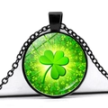 Green four-leaf clover crystal glass cabochon pendant necklace with black metal chain - Black Base Shamrock Gradient Background (Black 5)