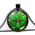 Four-leaf clover time gem necklace with black alloy chain and green lucky clover pendant - Black Base Forest Four Leaf Clover White Background (Black 7)