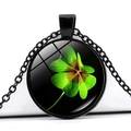 Four-leaf clover crystal glass cabochon pendant necklace with black metal frame - Black Base Forest Four Leaf Clover with Red Heart (Black 9)