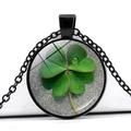 Crystal glass four-leaf clover necklace with black metal chain and green leaf pendant - Black Base Lucky Clover with Water Drop (Black 10)