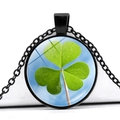 Lucky green four-leaf clover crystal glass pendant necklace with black metal chain - Black Base Lucky Shamrock Minimalist (Black 11)