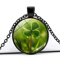Four leaf clover glass cabochon pendant necklace with black metal frame and chain - Black Base Dew Drop Four Leaf Clover Fresh Background (Black 12)