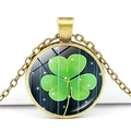 Vintage bronze four-leaf clover necklace with green glass dome lucky charm pendant - Bronze Base Shamrock Starlight Background (Bronze 8)