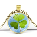 Vintage bronze clover pendant necklace with a green four-leaf clover under clear glass - Bronze Base Lucky Shamrock Minimalist (Bronze 11)