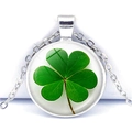 Four-leaf clover glass pendant necklace featuring a green lucky clover on a silver chain - Silver Base Four Leaf Clover Forest Style (Silver 1)