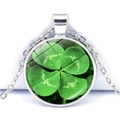 Silver round pendant necklace with green four-leaf clover glass crystal gem variant - Silver Base Four Leaf Clover Minimalist Natural (Silver 4)