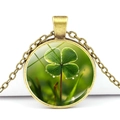 Bronze vintage necklace featuring a green four-leaf clover crystal glass pendant - Bronze Base Dew Drop Four Leaf Clover Fresh Background (Bronze 12)