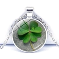 Silver glass necklace with a green four-leaf clover lucky pendant in variant finish - Silver Base Shamrock Glass Cover Style (Silver 10)