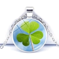 Silver glass necklace with green shamrock clover pattern pendant for women - Silver Base Lucky Shamrock Minimalist (Silver 11)