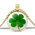Vintage bronze four-leaf clover necklace with green pendant in glass time gem style - Bronze Base Four Leaf Clover Lucky Series (Bronze 1)