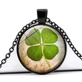 Vintage green four-leaf clover crystal glass pendant necklace with a black metal chain - Black Base Four Leaf Clover Vintage Pastoral (Black 2)
