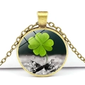 Vintage bronze four-leaf clover pendant necklace with green crystal glass gem - Bronze Base Four Leaf Clover Fresh Light Background (Bronze 3)