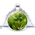 Silver four-leaf clover crystal glass pendant necklace with green leaf and dewdrop design - Silver Base Dew Drop Four Leaf Clover Fresh Background (Silver 12)