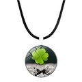 Lucky four leaf clover pendant necklace with green glass dome and black leather cord - Silver Tone Dark Background(JY008637-银3)