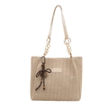Bolso tote tejido beige con correa de cadena y textura con patrón en V para mujer - Estilo Con Colgante / Blanco