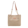 Grand sac cabas tressé beige et rose avec bandoulière en chaîne dorée et étiquette en cuir - Sans Pendentif / Rose