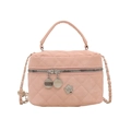 Pink quilted leather box handbag with flower logo and chain strap on white background - Pink