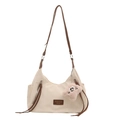 Borsa a spalla beige minimalista di grande capacità con spalline marroni e ciondolo a cuore - Bianco sporco (Con ciondolo in peluche)