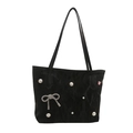 Bolso tote negro con perlas y lazo plateado, bolso de hombro elegante para uso diario - Negro