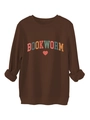Detail of Bookworm print and heart on brown fleece sweatshirt with ribbed hem - S / Coffee