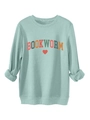 Detail of Bookworm print and red heart on light sage green fleece sweatshirt - S / Light Green