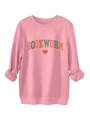 Close-up of pink Bookworm sweatshirt with ribbed collar and soft fleece texture detail - S / Peach