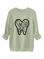 Close-up of ribbed cuffs and SMILE tooth print on thick sage green sweatshirt - S / Olive Green