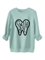 Detail of mint green sweatshirt featuring black smile tooth graphic and folded cuffs - S / Light Green